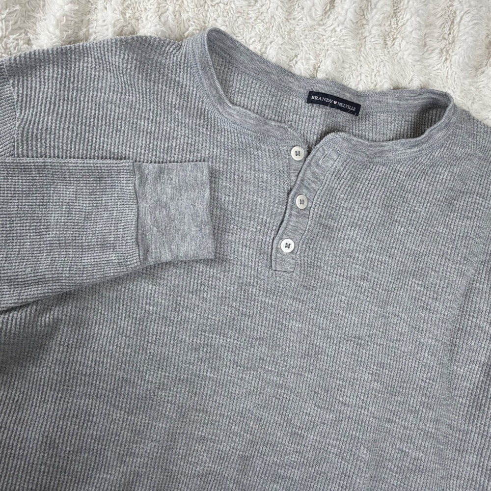 Brandy Melville Heather Gray Waffle Knit Henley Long Sleeve Thermal Top One Size